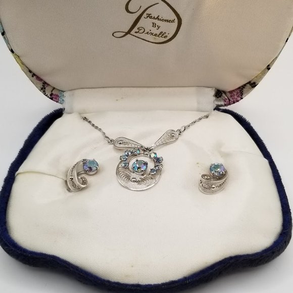 Dixelle Vintage Sterling Necklace & Screw-on Earring Set AB Rhinestone - Picture 5 of 13